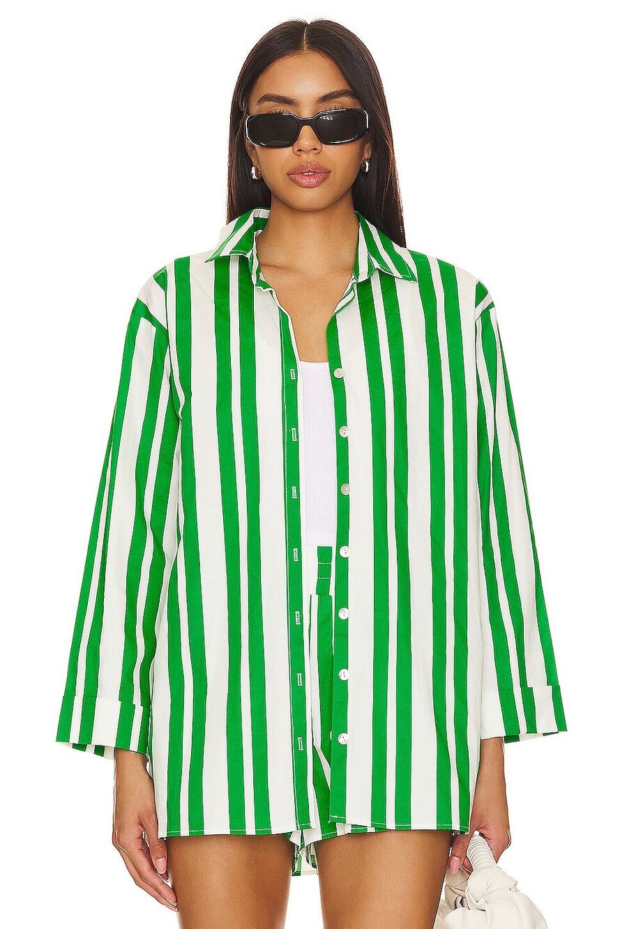 Show Me Your Mumu Berman Button Down Green White Stripe Size Large